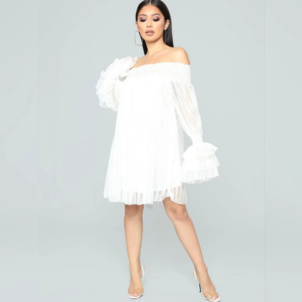 CQ by CQ Lace White Off-Shoulder Ruffle Bell Sleeve Romantic Mini Dress Sz M - Picture 4 of 8